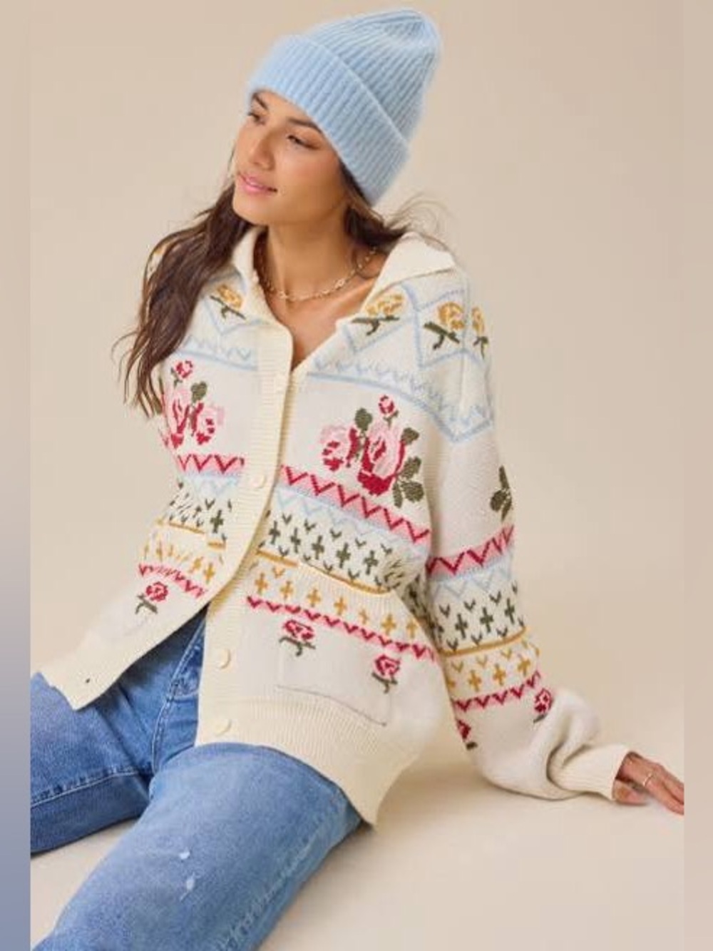 Altar'd State Cream Floral Jacquard Button Cardigan
